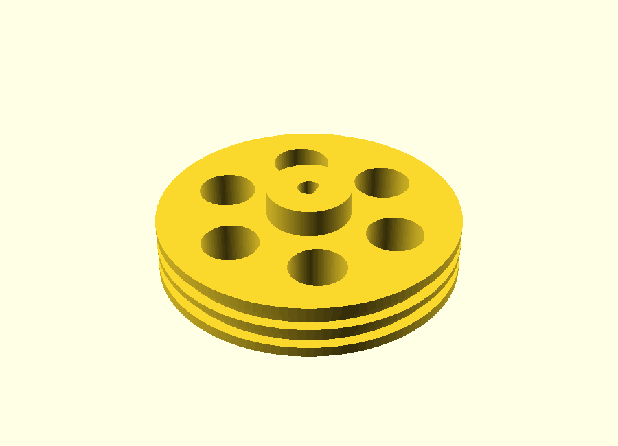 CAD render of a drive wheel with grooves for rubber-band tires.