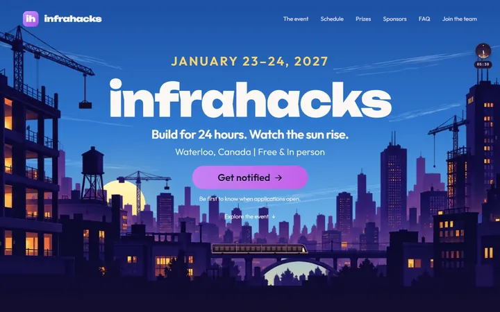 The InfraHacks landing page: an illustrated city at dusk with the event name and a Get notified button